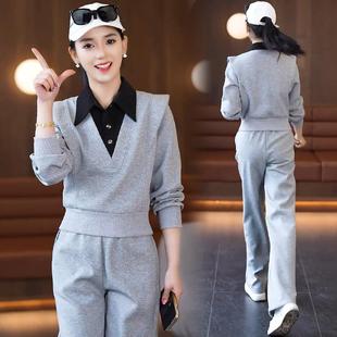 休闲运动跑步两件套裤 Polo领假两件拼接卫衣女阔腿裤 2026春秋新款