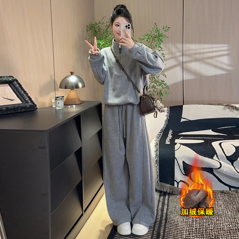 时尚加绒休闲阔腿裤两件套潮