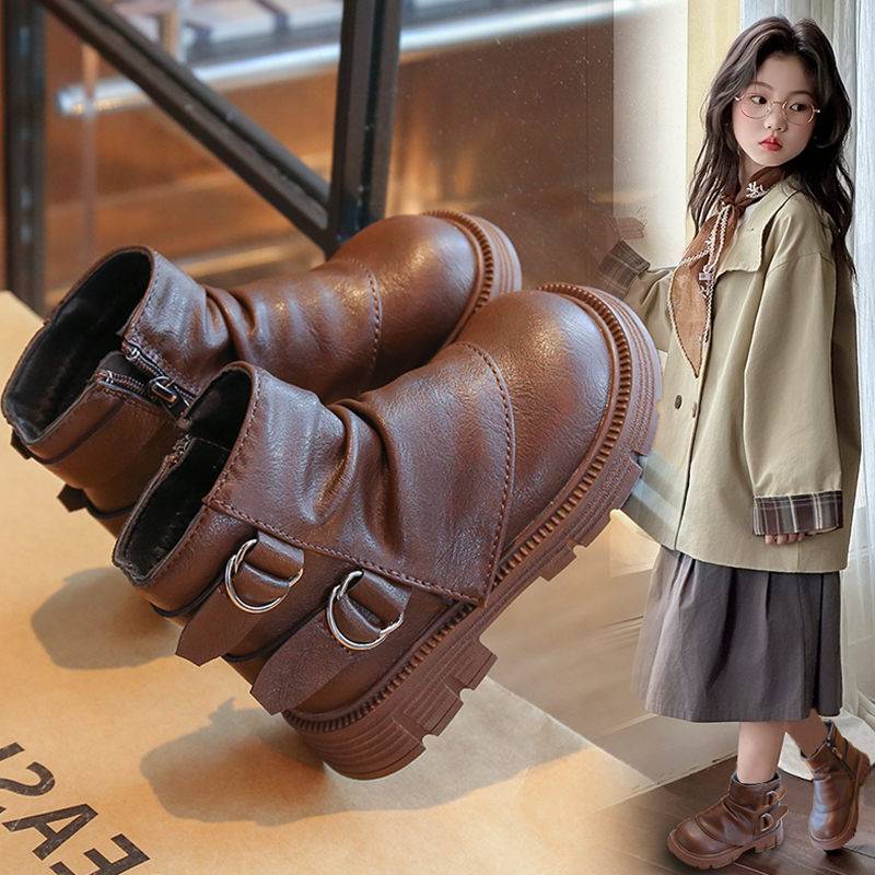 2025秋冬新款女童马丁靴儿童短靴小女孩单靴加绒裤管靴骑士堆堆靴