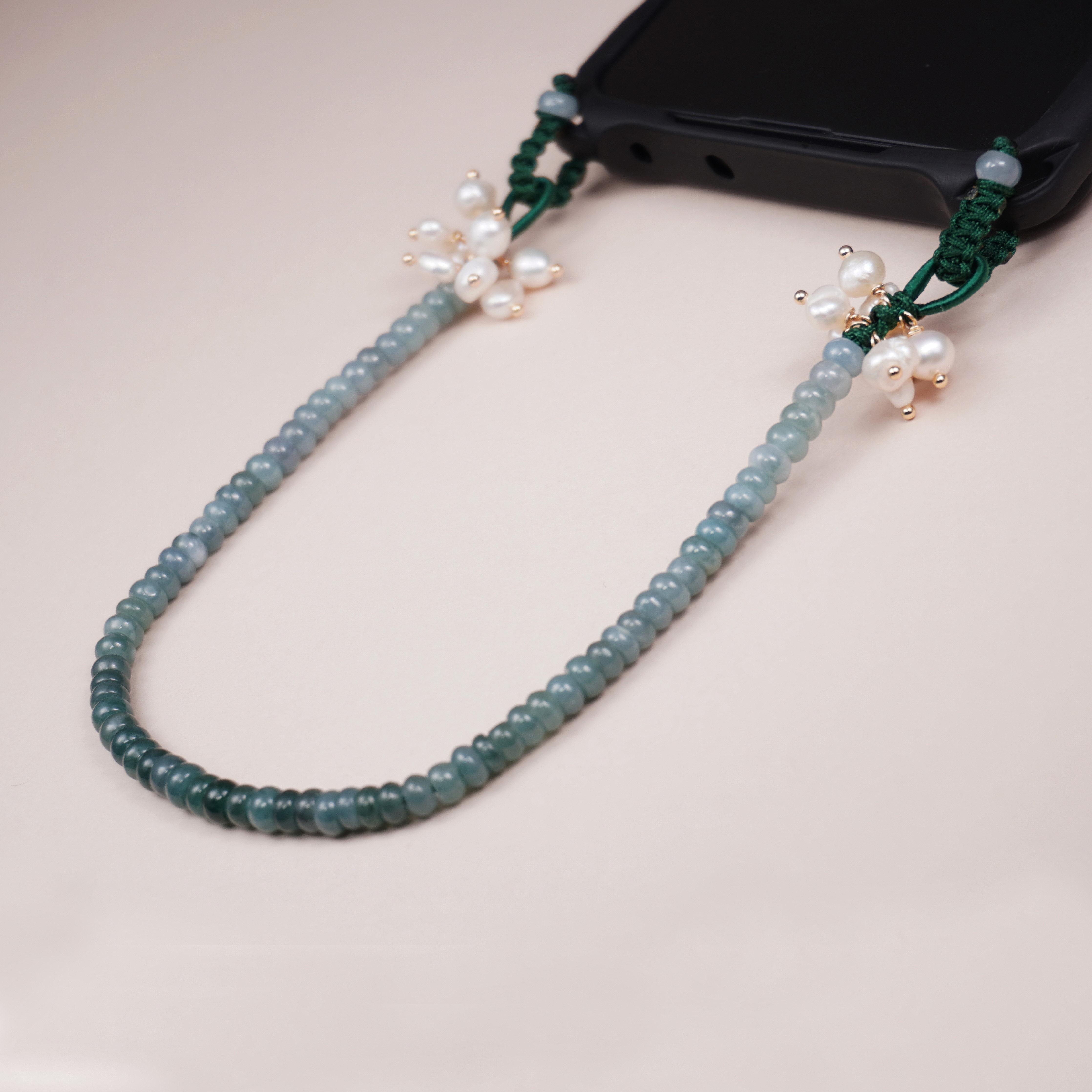 天然翡翠手机链女款手腕挂绳斜挂新中式挂饰渐变玉石珍珠手机挂件