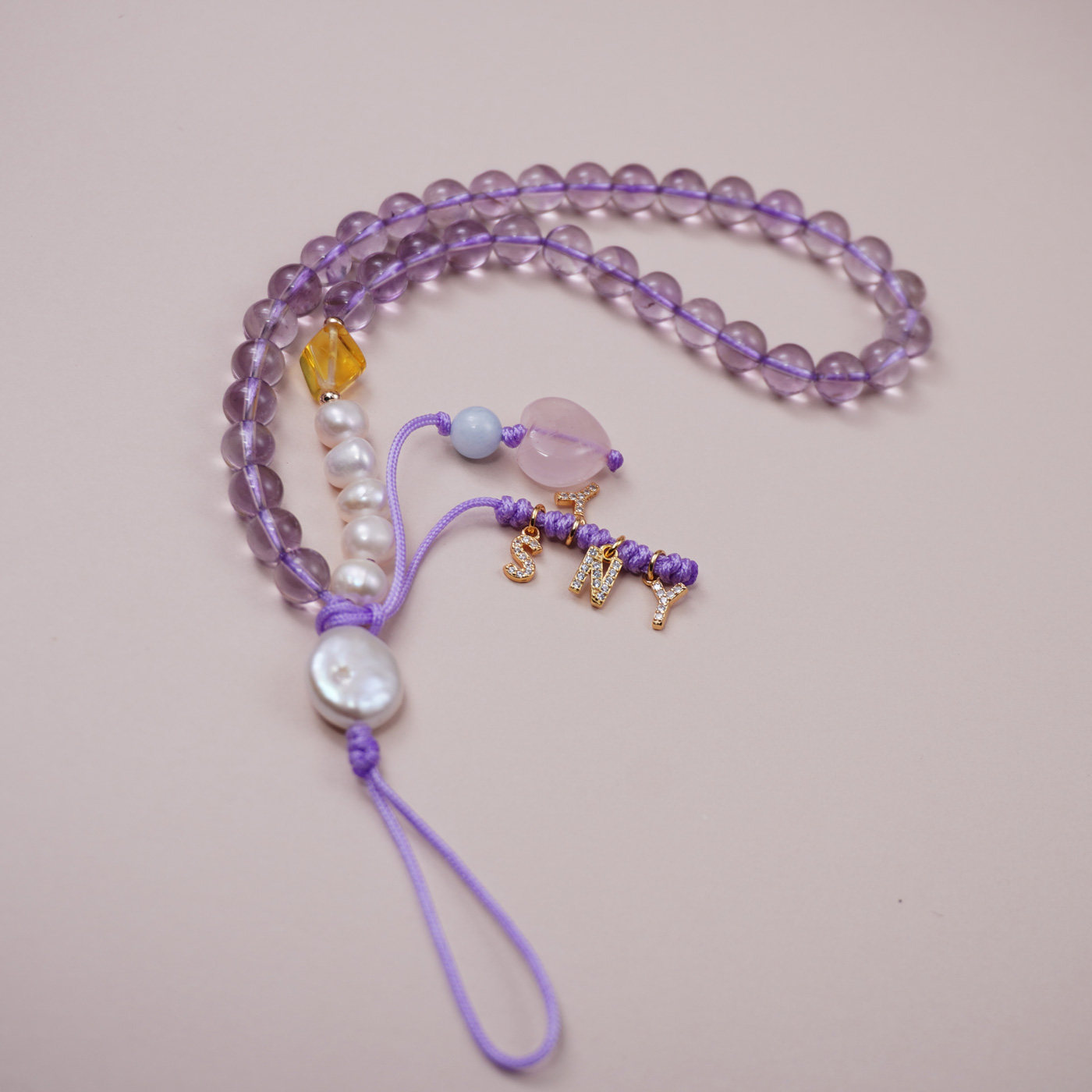 天然紫水晶手机挂件手腕式珠链编织绳挂链原创设计珍珠挂绳短挂件