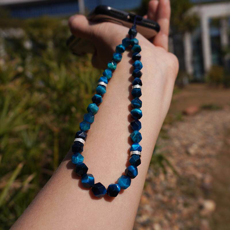 虎眼石手机链女蓝色玉石防丢挂绳