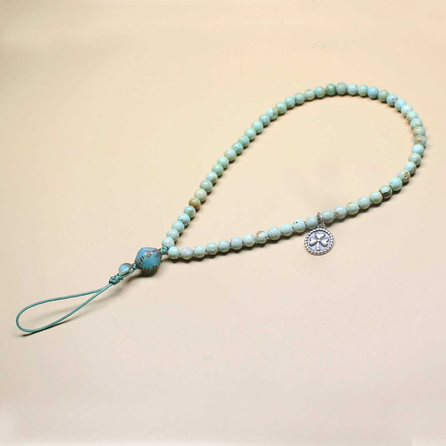 天然绿松石手机链挂绳短款手腕挂坠纯银吊坠原创设计手工玉石挂件