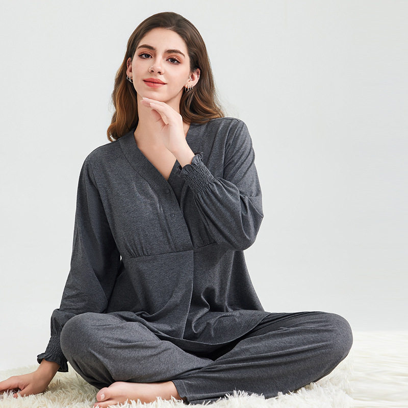 月子服纯棉胸垫孕妇春夏睡衣产妇家居服产后哺乳装带头巾出院套装 - 实物图