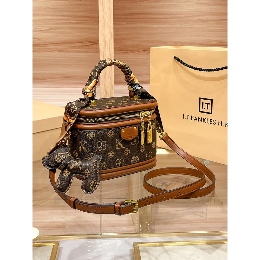 CITEX LV官方旗舰店香港真皮老花水桶包女斜挎2025新款高级质感单