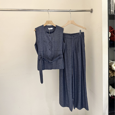棉麻无袖马甲垂感阔腿裤两件套