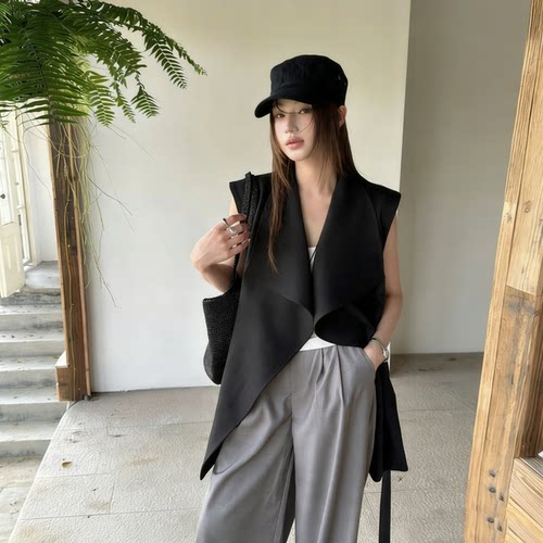 TARU棉麻大翻领收腰中长款马甲