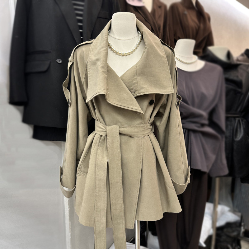大翻领中长款风衣女TARU卡其色系带收腰显瘦遮肉通勤气质外套小众