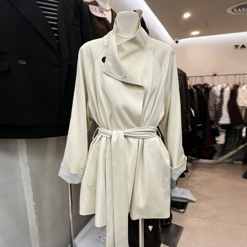 TARU落肩H型宽松中长系带风衣