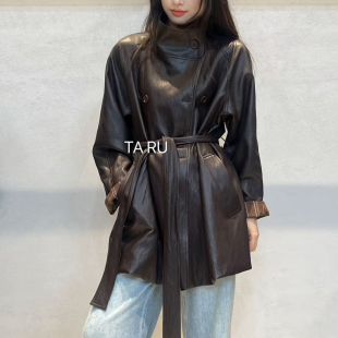 PU皮夹克上衣 宽松系带拼接袖 美式 高级感咖啡色皮衣外套女TARU新款