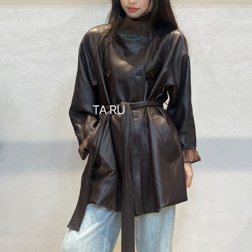 美式高级感咖啡色皮衣外套女