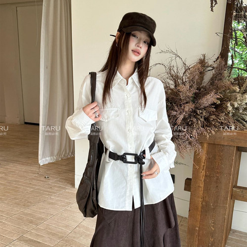 TARU新款长袖白衬衫女收腰显瘦
