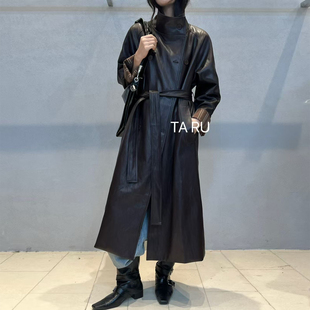 松驰感慵懒风长款 皮衣外套女TARU秋冬宽松立领设计感过众过膝风衣