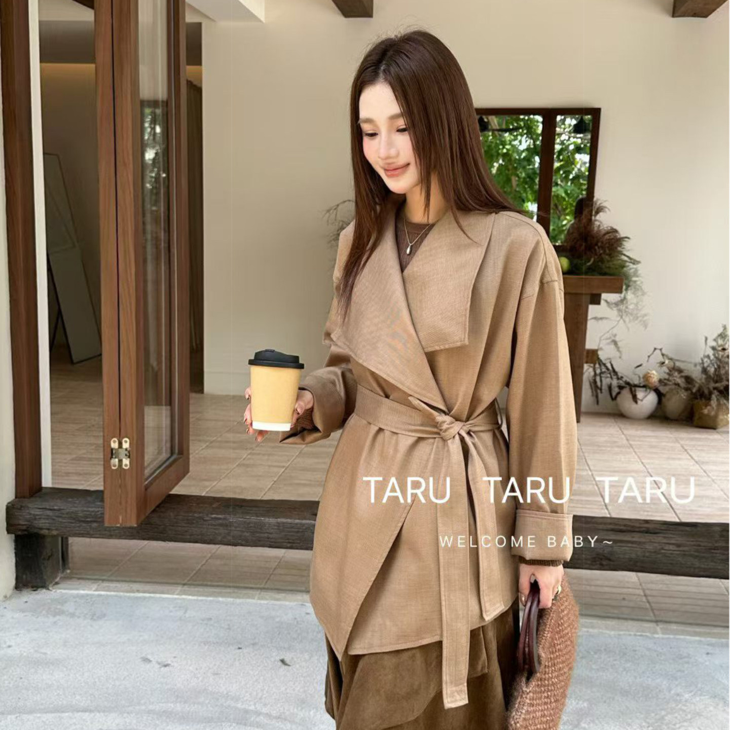 十三行TARU大翻领宽松系带风衣女中长款韩剧女主同款慵懒气质外套
