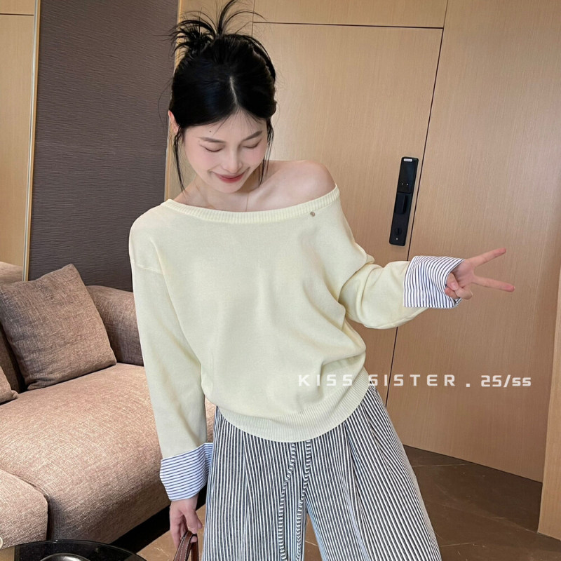 KISSSISTER一字领蝙蝠袖针织衫