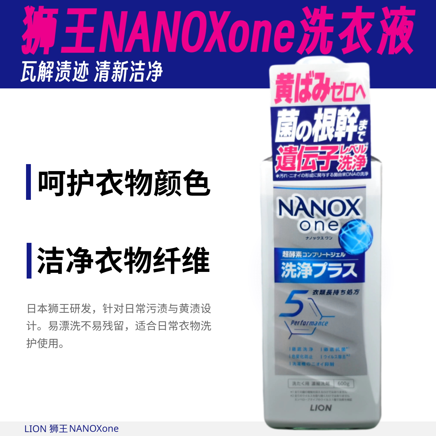 日本狮王纳米乐NANOX浓缩洗衣液衣物清洁护色强力洗净去黄污600g