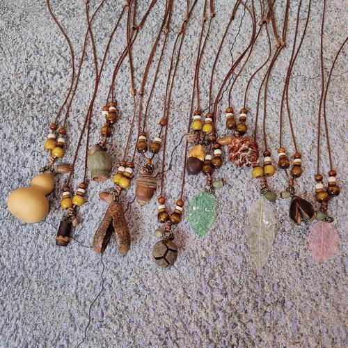 原创设计天然果实植物木质葫芦森系蜡绳可调节创意设计吊坠链项链