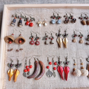 禅意植物系木质沉香耳环原创中式文艺复古耳夹金钟菩提耳饰耳环女