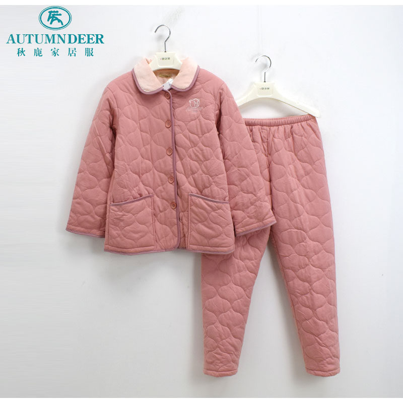 秋鹿儿童睡衣冬季新品女童装甜美三层加厚保暖纯棉夹棉扣领家居服
