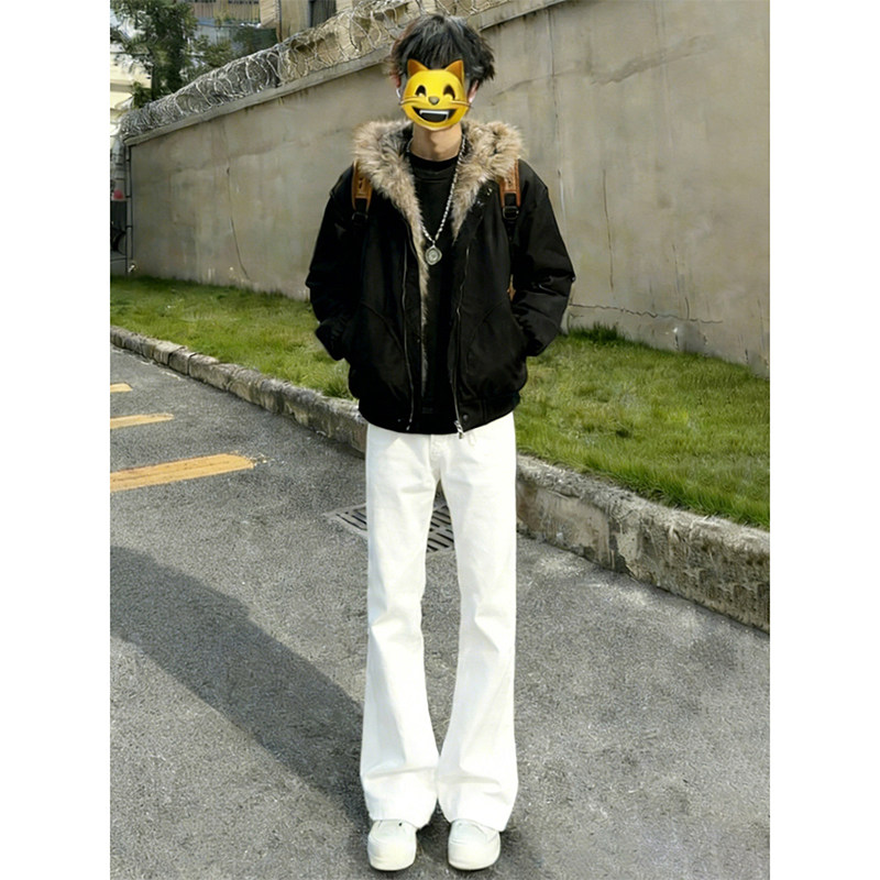 白色弯刀新塘牛仔裤男提档高腰vibe裤子美式直筒微喇裤cleanfit