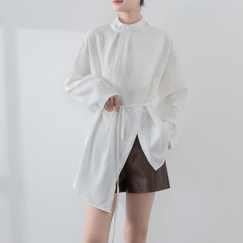 中长款白色衬衫女2026新款不规则下摆立领衬衣设计感绑带收腰上衣