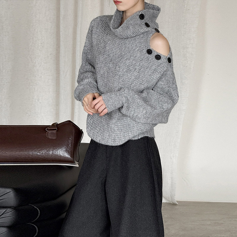 小心机纽扣可露肩羊毛针织衫毛衣