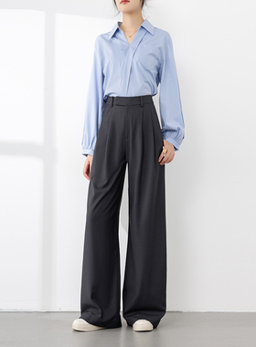 裤长112cm高个子加长西裤垂坠感高腰阔腿裤遮胯显瘦灰色西装裤女