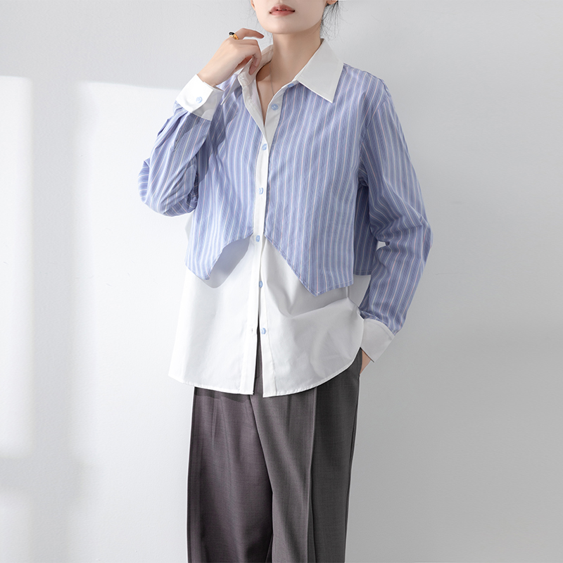 韩系条纹拼接长袖衬衫