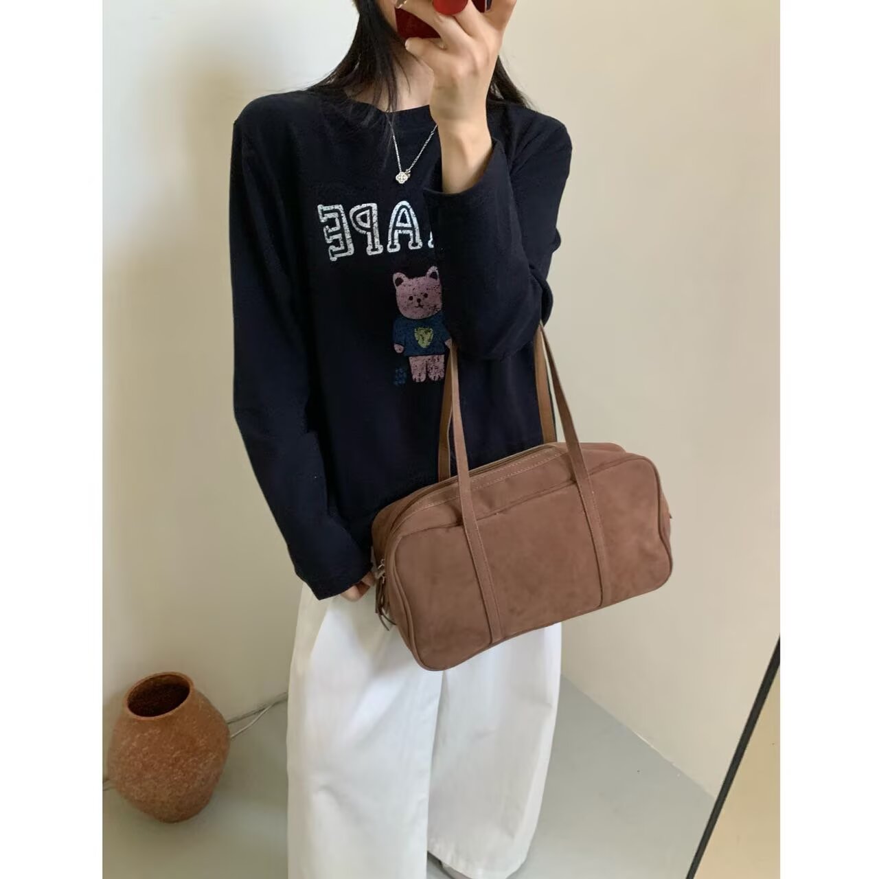 原单外贸正版小熊磨毛长袖打底衫2025年秋冬内搭女套头T恤软糯棉