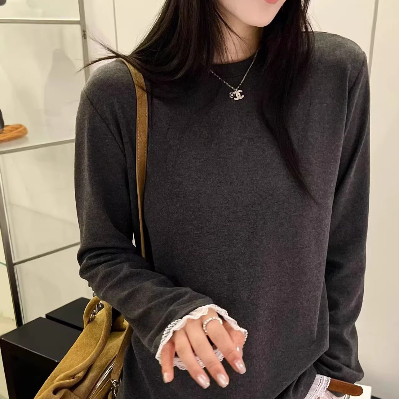 原单外贸韩系澳绒蕾丝打底衫假两件花边2025年冬季内搭减龄T恤女