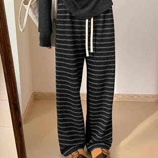 复古欧版原单加绒慵懒松弛感条纹阔腿裤女显瘦系带垂直感拖地裤冬