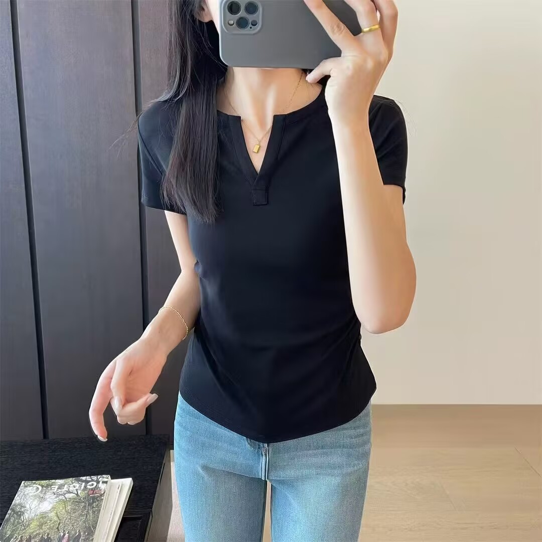 原单欧货挤奶衫剪刀领皱褶收腰莱赛尔天丝软糯巨显瘦正肩袖甜辣风