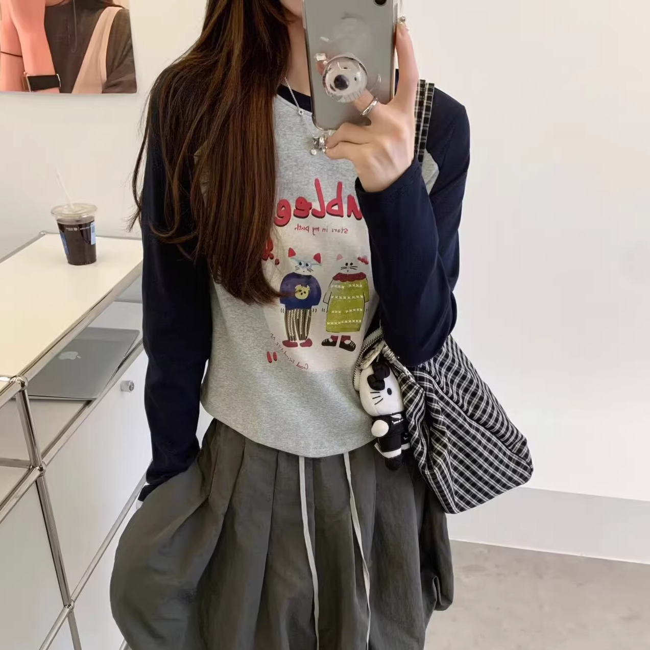 原单外贸网红自留插肩袖可爱猫咪2025年挤奶衫女甜辣风短款T恤衫