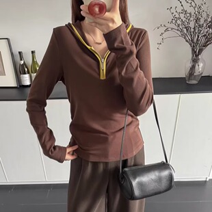 内里抓绒韩系百搭减龄空调屋暖气房长袖 法系撞色连帽打底衫 欧版