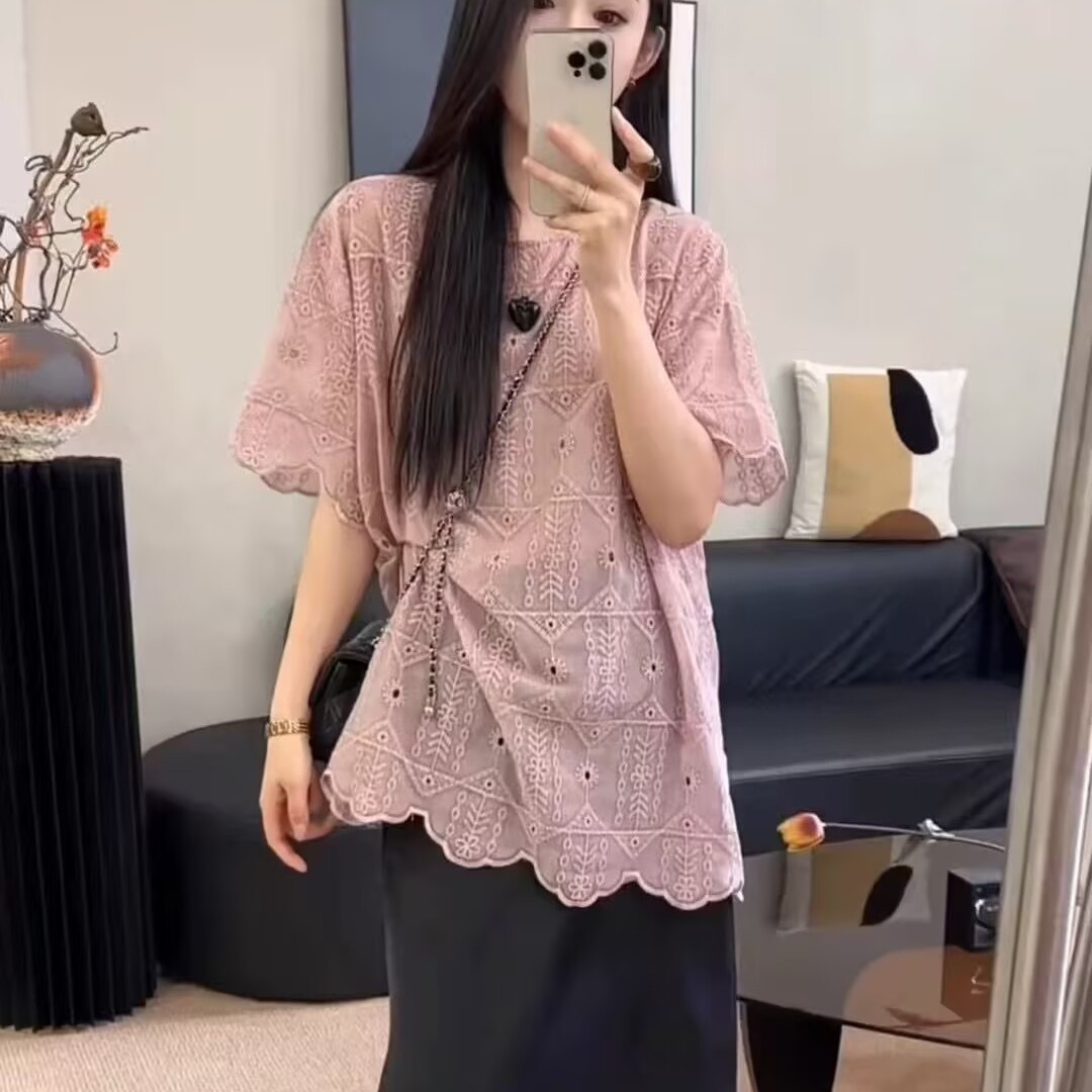 原单外贸粉色镂空圆领短袖减龄粉色法式清新小衫T恤女2025夏爆款