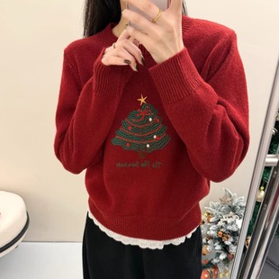 圣诞树蕾丝假两件软糯浣熊针织毛衣女2025年红色喜气原单外贸自留