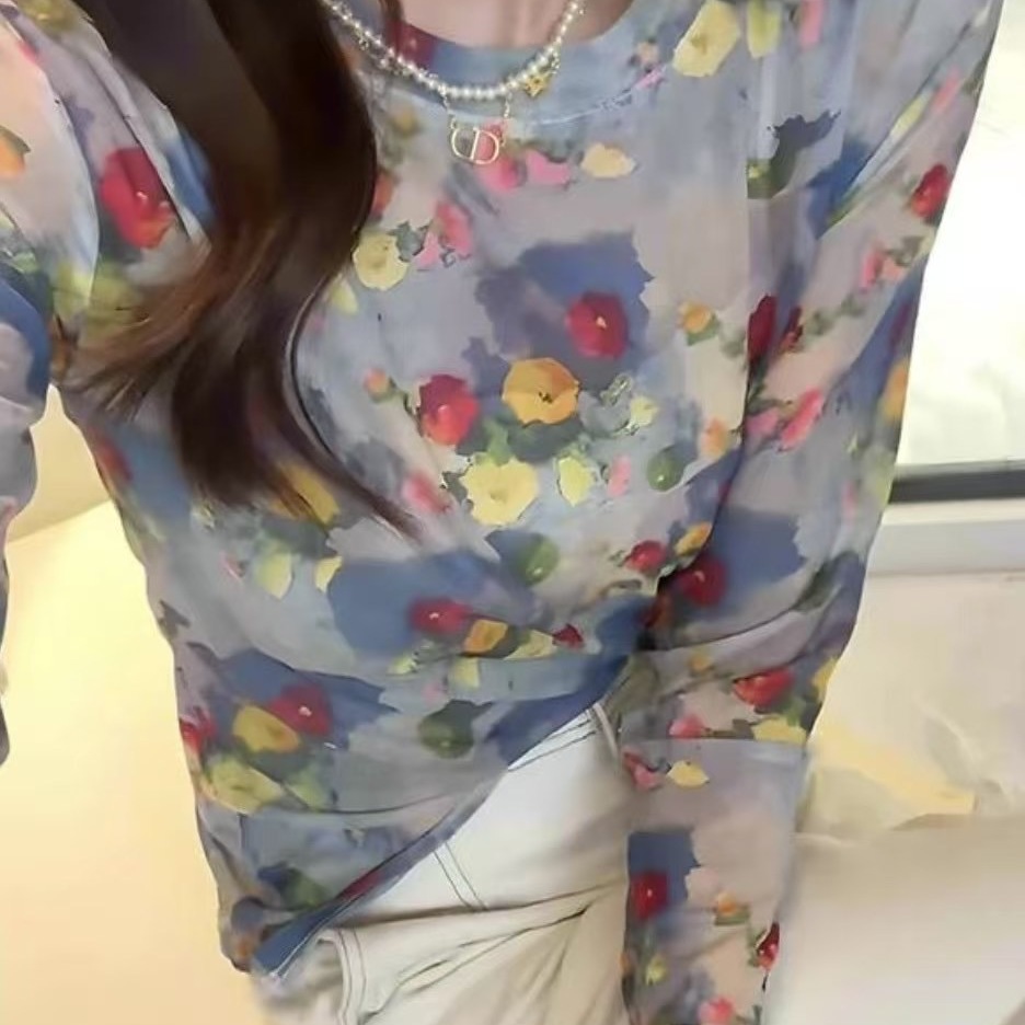 原单外贸正版水彩花网纱防晒衫复古爆款复古长袖打底衫女2025年夏