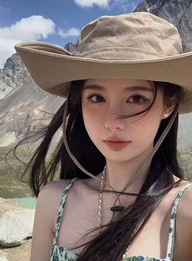 防晒太阳帽户外钓鱼登山帽西部牛仔帽女抽绳渔夫帽男夏季度假大檐
