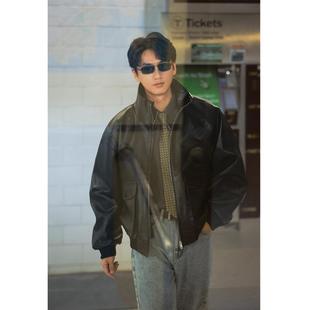 何记港风/ 复古水洗做旧 男女同款 立领宽松飞行员皮夹克外套