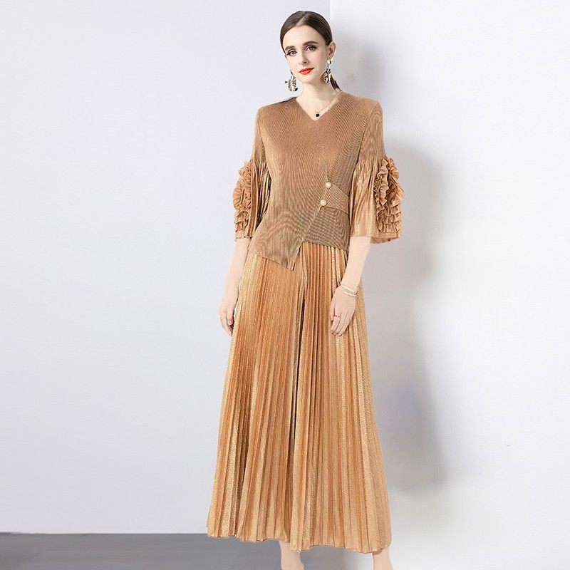 压褶立体盘花喇叭袖上衣+高腰阔腿长裤子欧美复古风烫金褶皱套装