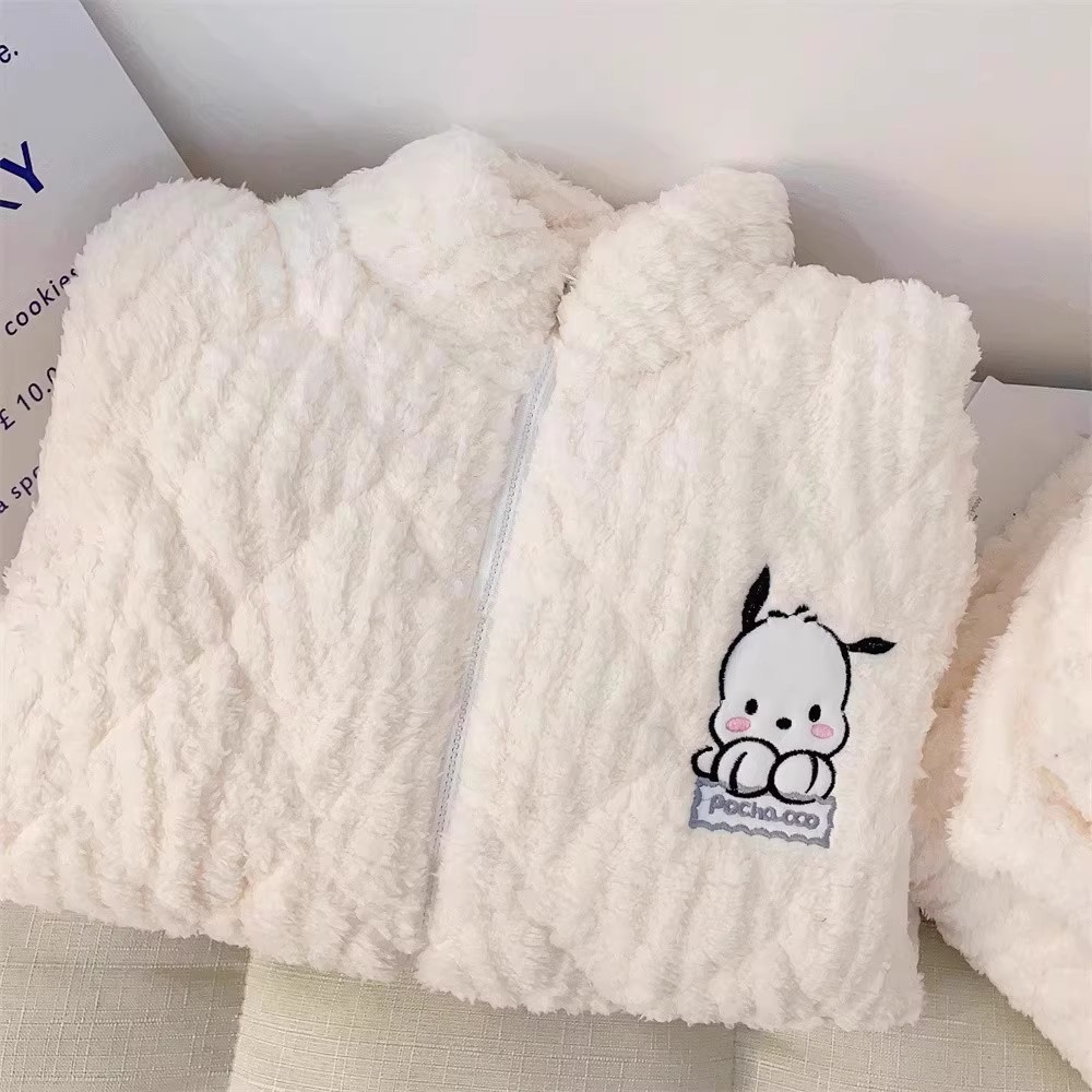 冬季加厚保暖单层夹棉女睡衣珊瑚绒加绒卡通帕恰狗拉链家居服套装