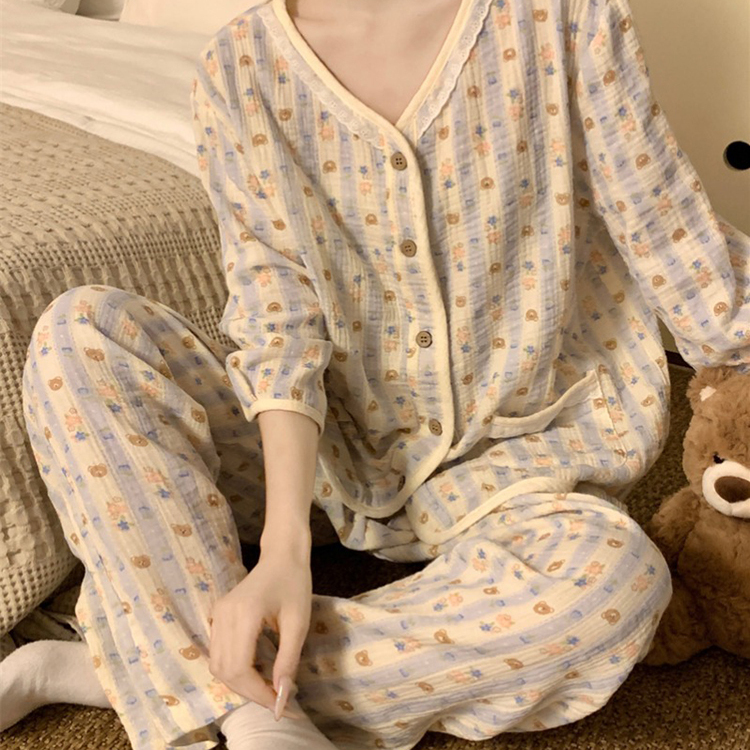 双层棉纱睡衣女春秋季家居服套装