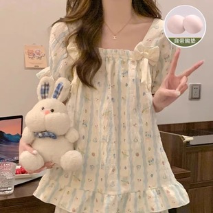 可爱甜美卡通套装 夏季 云朵棉网红薄款 带胸垫睡衣女短袖 家居服 短裤