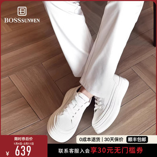 [舒适增高5.5cm]BOSSSUNWEN新款厚底增高板鞋真皮黑白运动休闲鞋