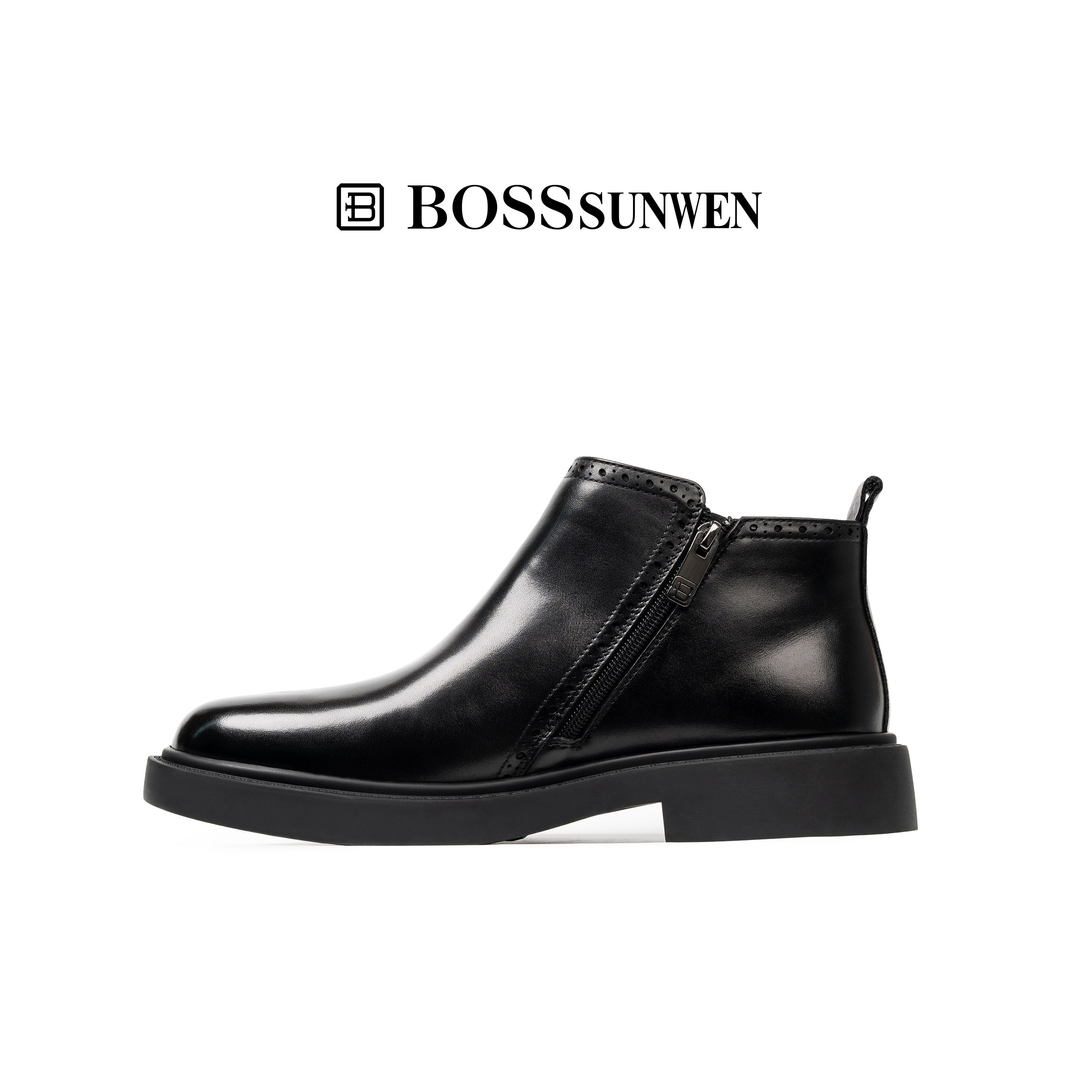 [加绒内里]BOSSSUNWEN/博斯·绅威秋冬新款切尔西靴真皮高帮皮鞋图片