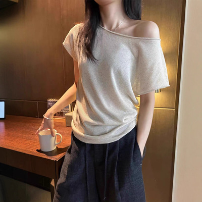 Awencoat1 【一衣两穿】天丝亚麻短袖t恤女露肩卷边斜肩针织上衣
