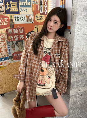 KAKAMEE十三行秋韩复古百搭MQ撞色大版咖色长袖格纹衬衫女