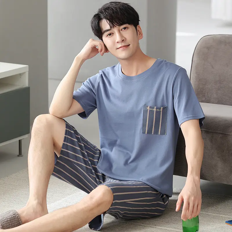 睡衣男士夏季薄款冰丝凉感可外穿加大码圆领条纹家居服套装