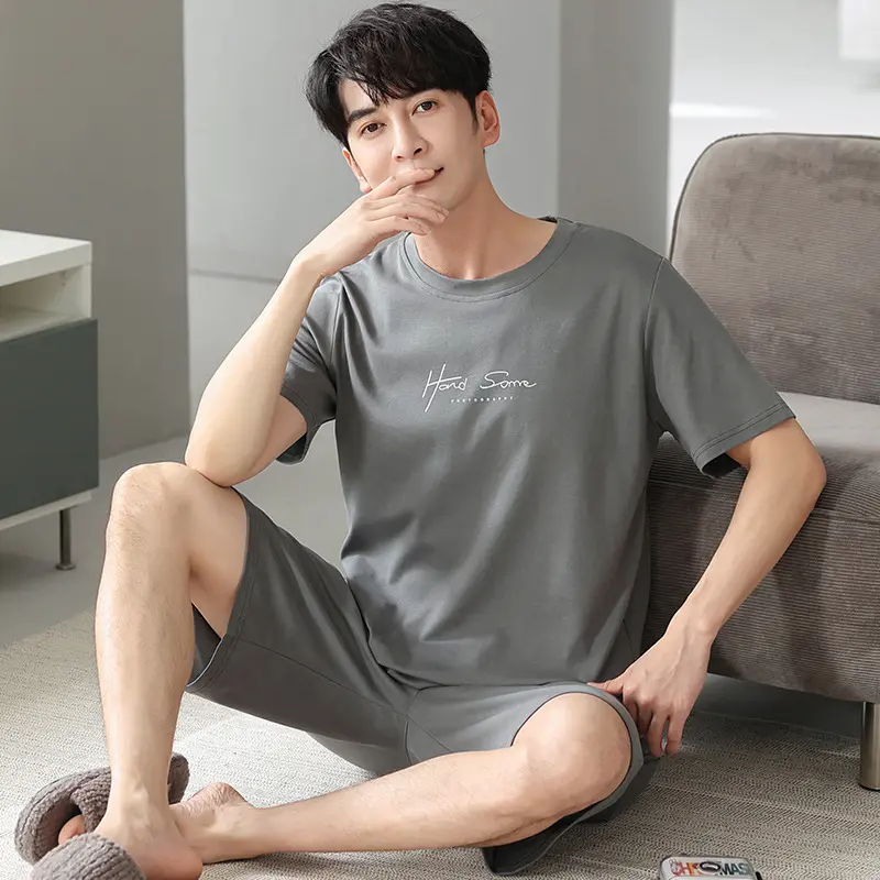 睡衣男士夏季套头短袖短裤家居服薄款冰丝青少年简约风套装