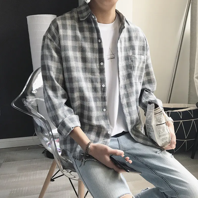 夏季新款男装宽松格子长袖衬衫青少年休闲韩版潮流百搭衬衣外套潮